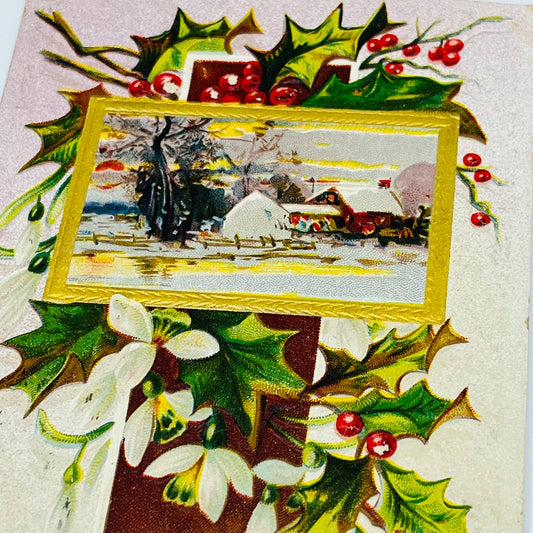 1910s Christmas Post Card Embossed Farmhouse Holly Floral E. Nash Gilt PA4