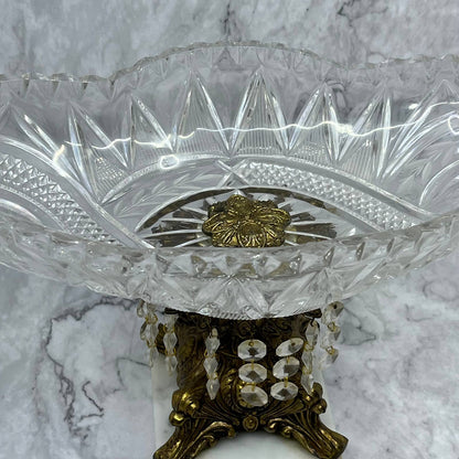 Vtg MCM Hollywood Regency Cut Lead Crystal Oblong Bowl Brass & Marble Stand TE3