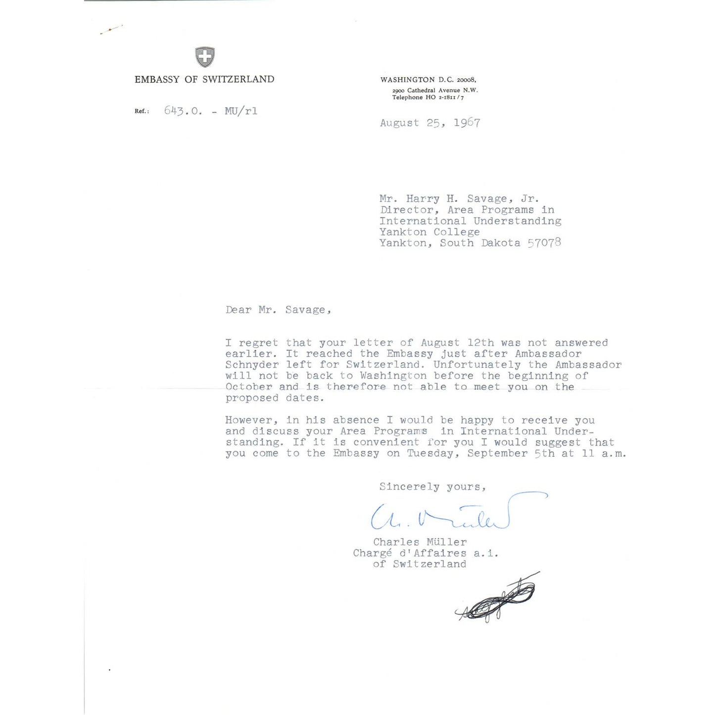 Embassy of Switzerland Official Letterhead Memo Charles Muller 9/25/67 TK1-P7