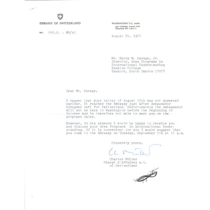 Embassy of Switzerland Official Letterhead Memo Charles Muller 9/25/67 B16