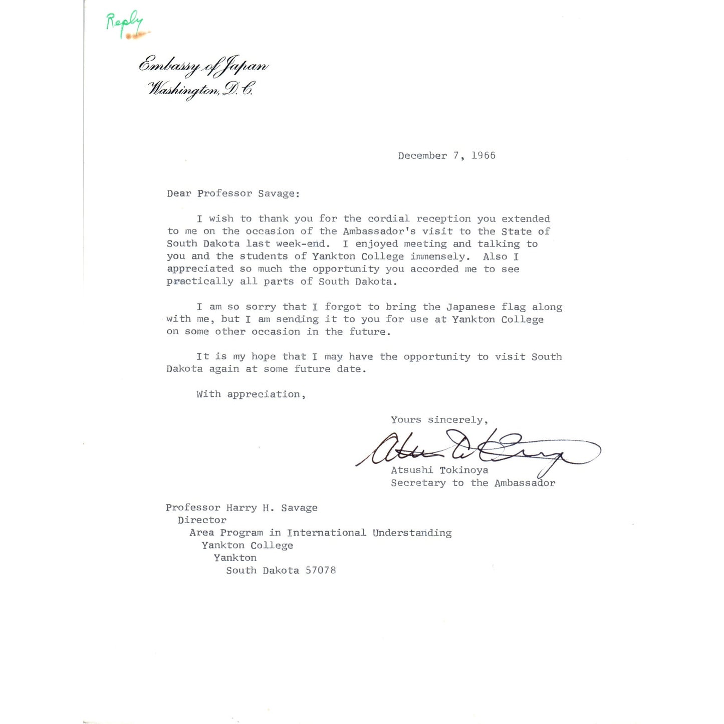 Embassy of Japan Letterhead Memo Atsushi Tokinoya 12/7/66 B14