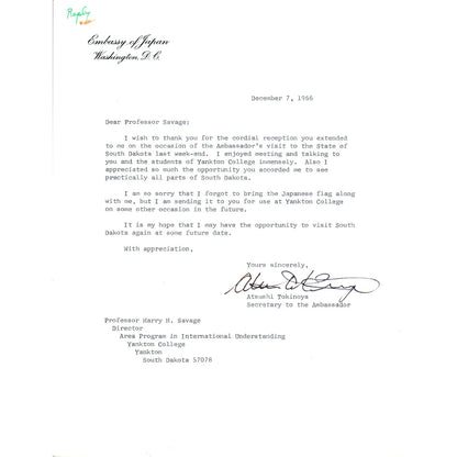 Embassy of Japan Letterhead Memo Atsushi Tokinoya 12/7/66 B14