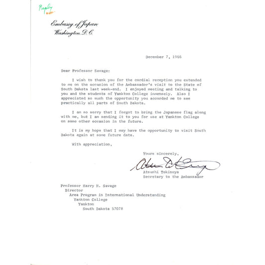 Embassy of Japan Letterhead Memo Atsushi Tokinoya 12/7/66 B14