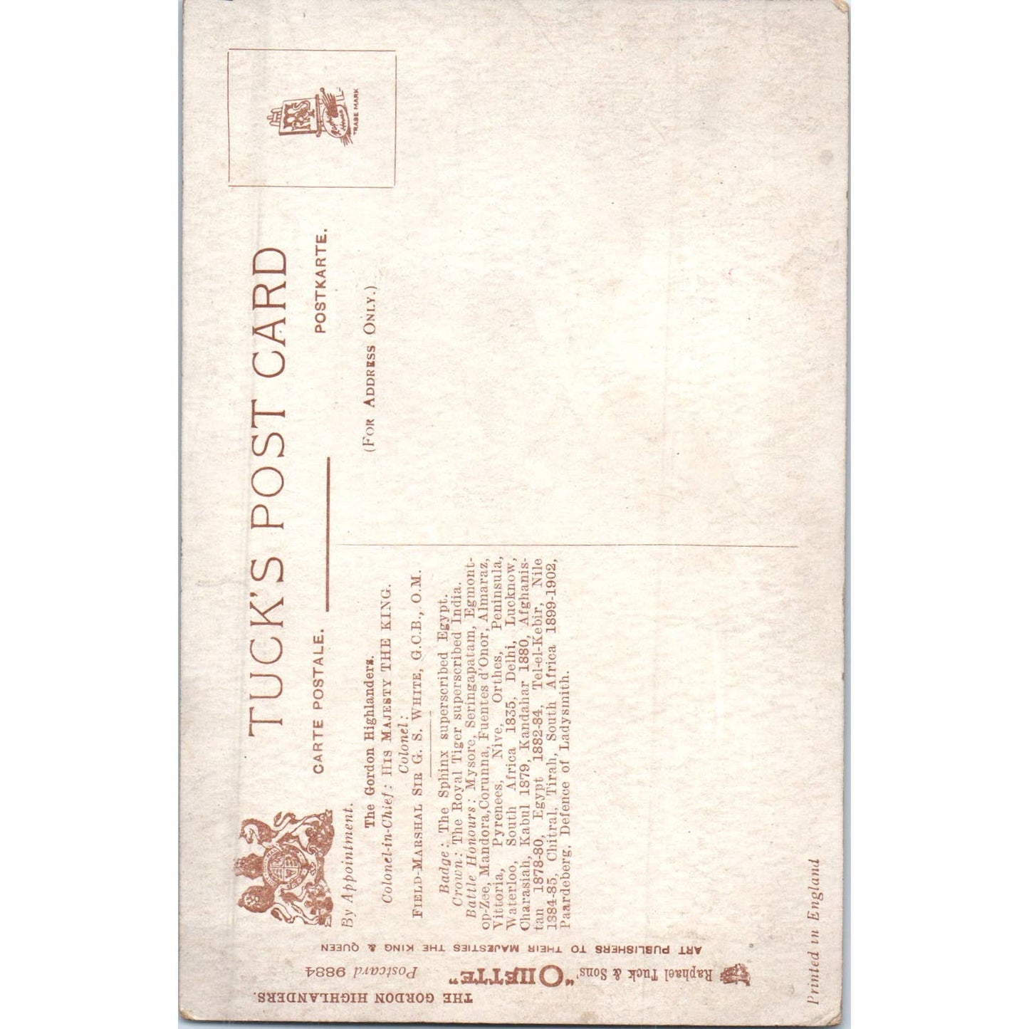 The Gordon Highlanders Raphael Tuck Oilette Original Postcard TK1-P17