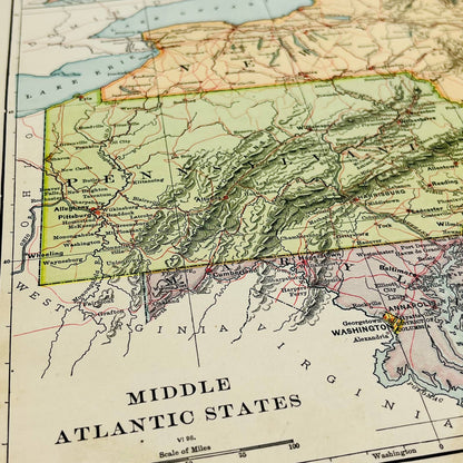 1896 Harper’s Map Middle Atlantic USA MA DE NJ NY PA 9x12” FL1