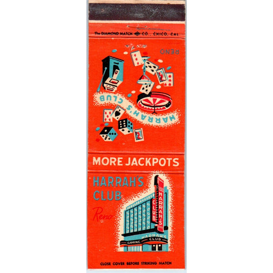 Harrah's Club Reno More Jackpots 1950s Advertising Matchbook Cover MM9-2