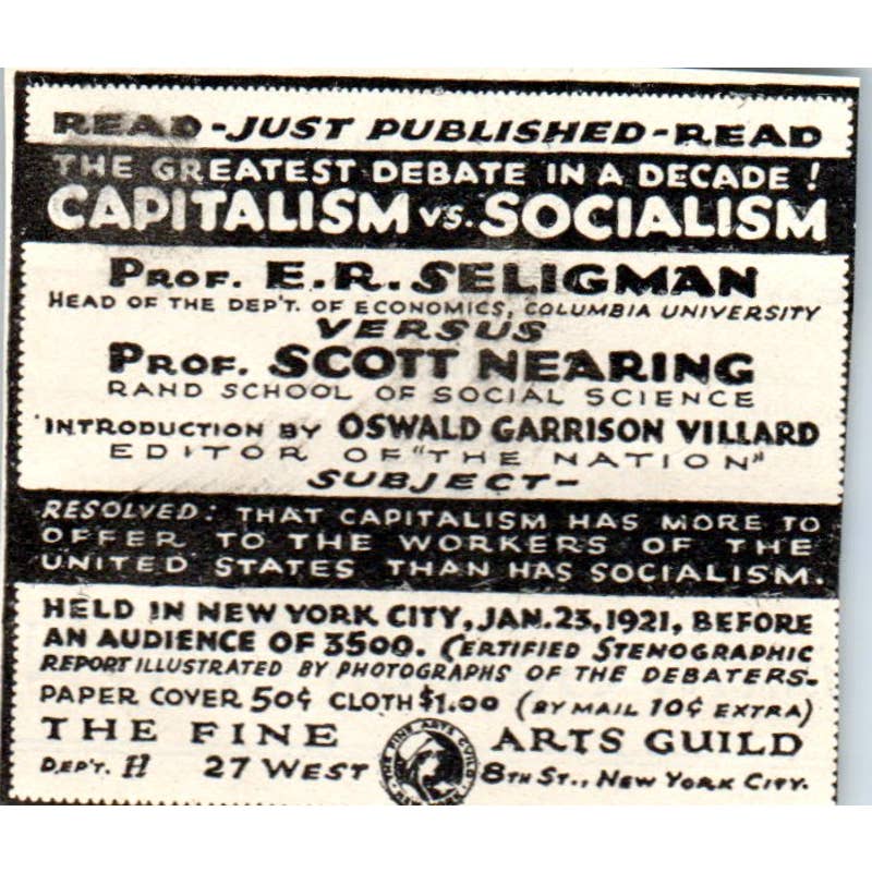 c1920 Harper's Ad - Capitalism vs. Socialism Debate Seligman v. Nearing EA3-2