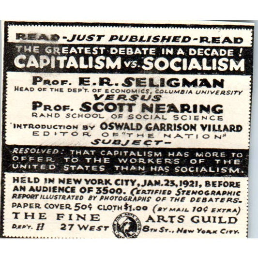 c1920 Harper's Ad - Capitalism vs. Socialism Debate Seligman v. Nearing EA3-2