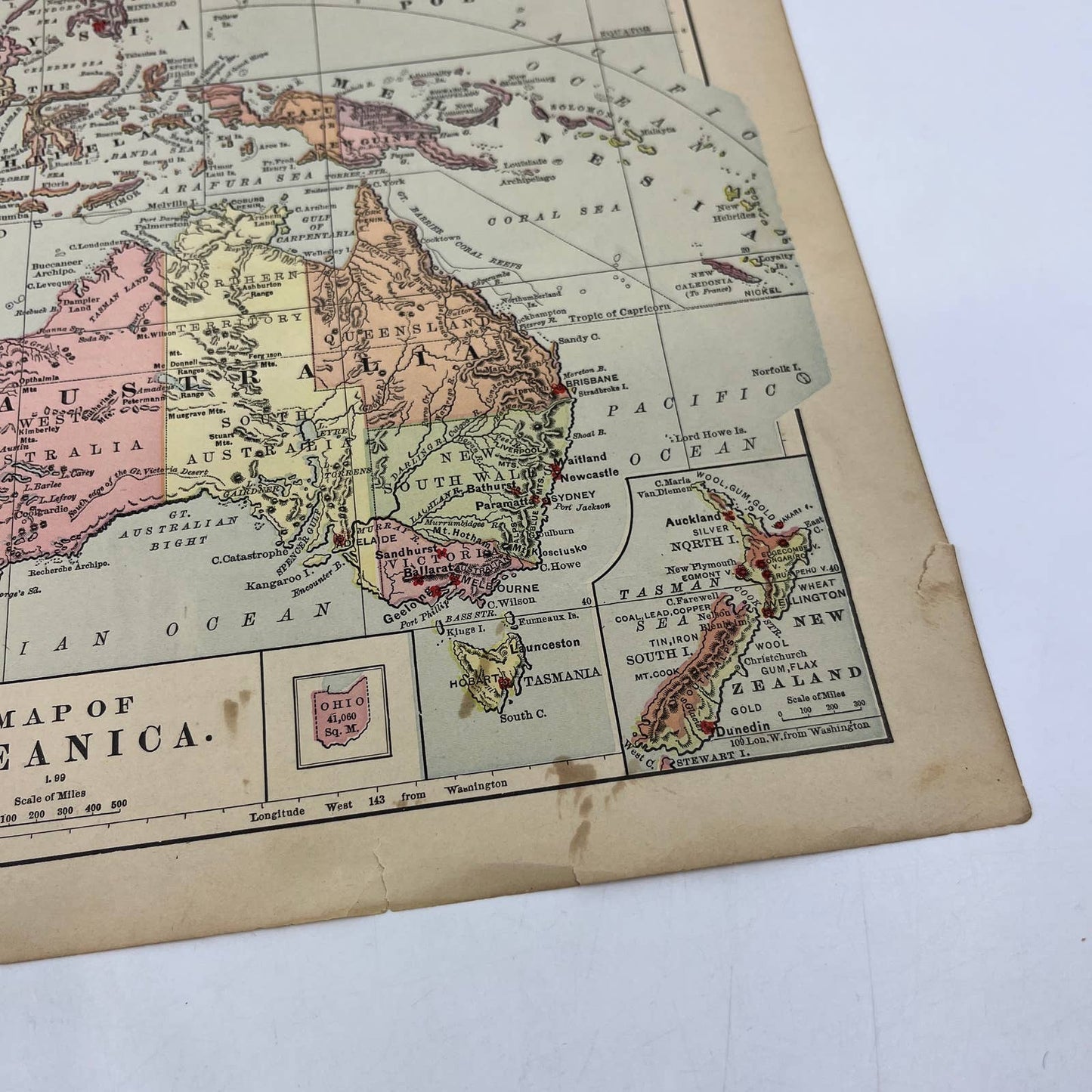 1896 Engraved Tinted Commercial Map of Australia Oceania 9x12" FL5