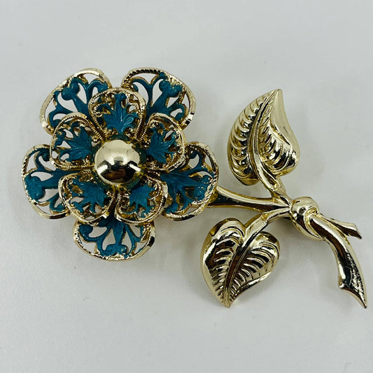 Art Nouveau Ornate Blue Enamel Flower Brooch Silver Tone SA6