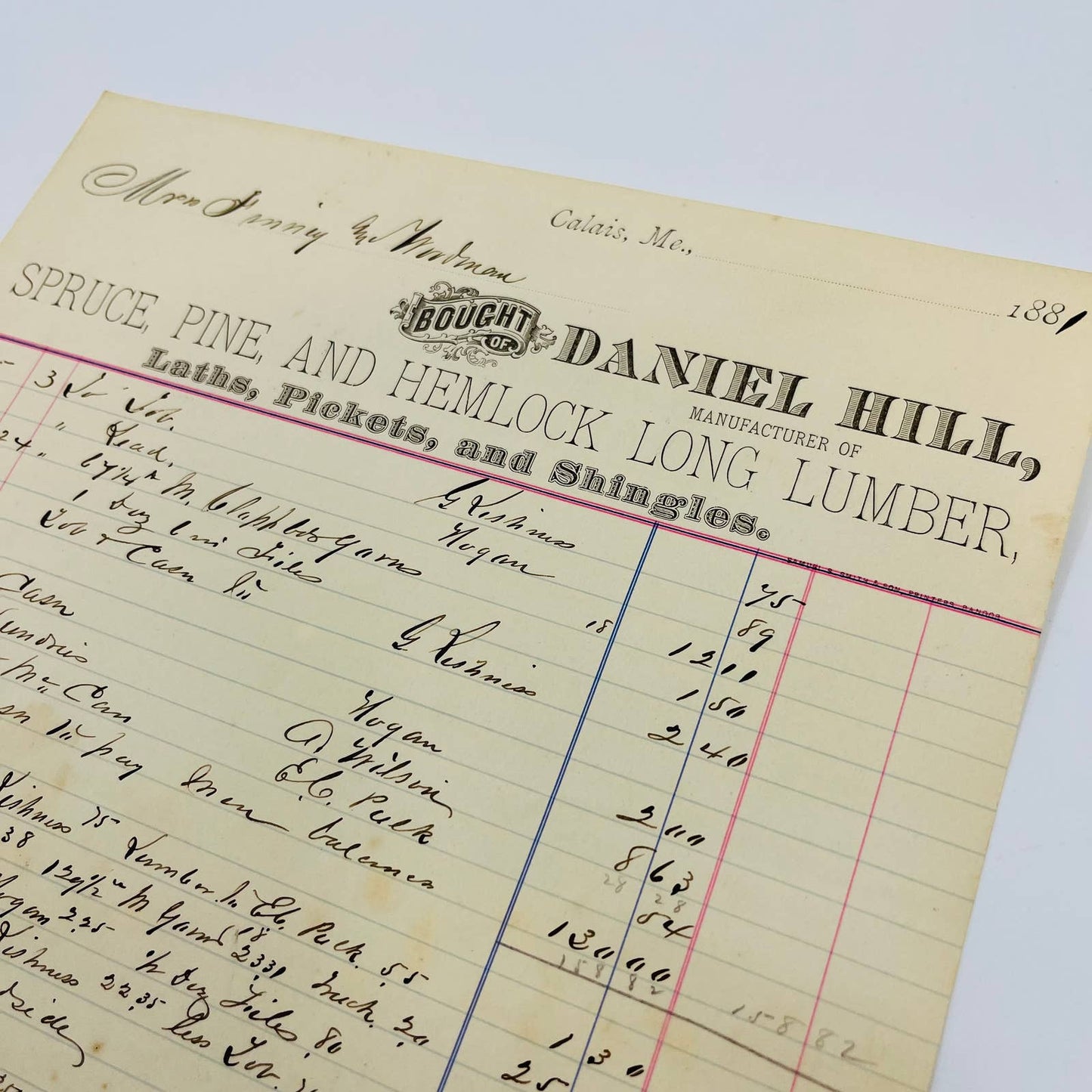 1881 Daniel Hill Lumber Calais ME Billhead Letterhead Receipt AA4