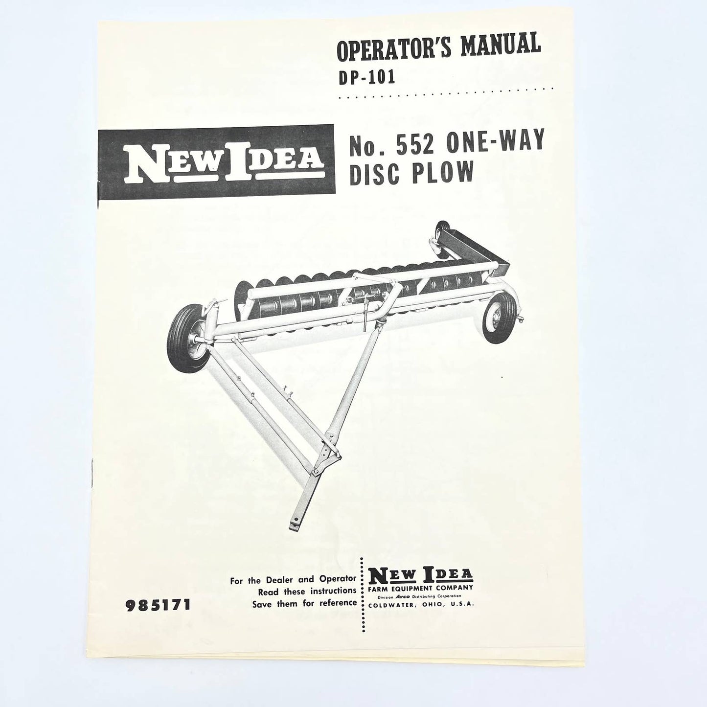 Original New Idea Operator's Manual No. 522 One-Way Disc Plow DP-101 TB9